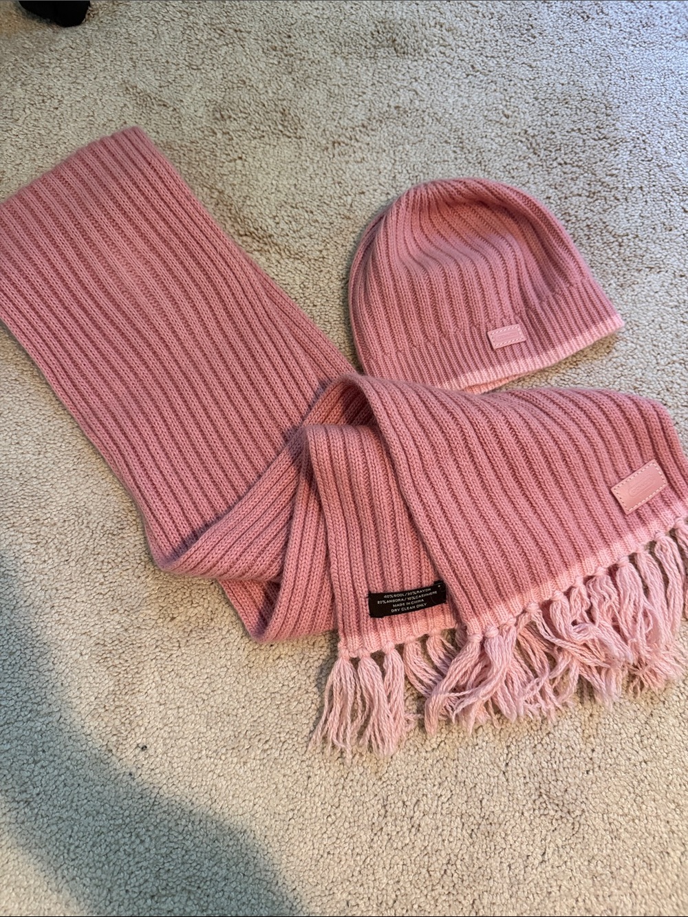 Coach Pink Ribbed Knit Hat and Fringe Scarf Set